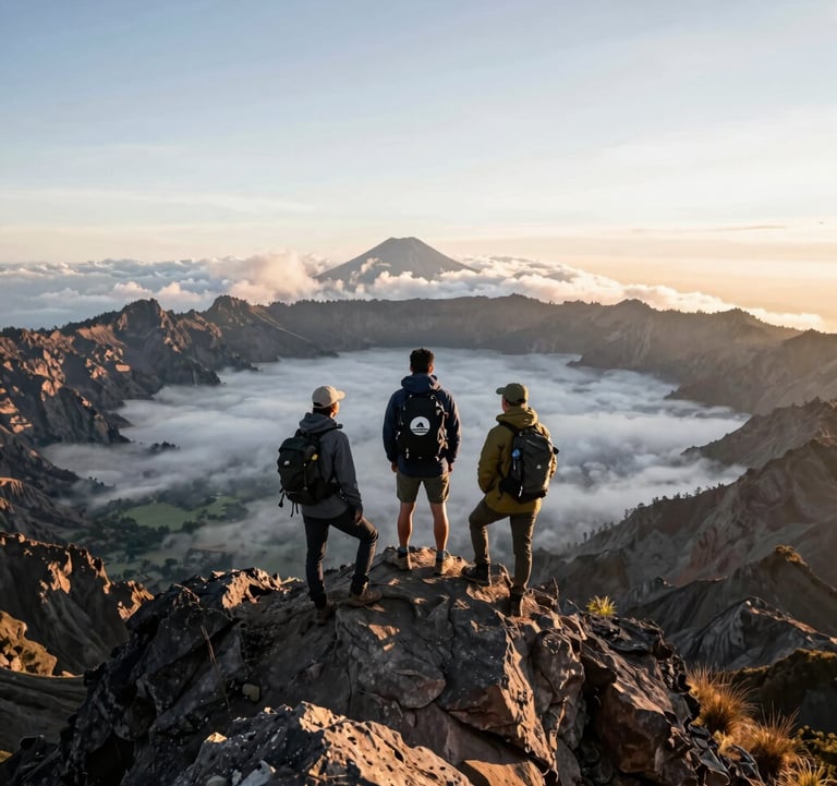 A celebratory view of Global Adventure Travelers standing triumphantly on the high rocky peak of Mount Rinjani at sunrise, looking out across the sea of clouds blanketing Lombok island, epic scale adventure photography.