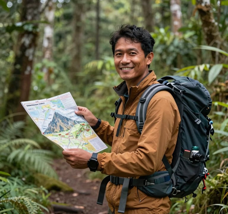 A professional local Indonesian trekking guide in outdoor gear smiling and showing a mountain map to Global Adventure Travelers, set against the backdrop of a lush green forest trail in Lombok, sharp focus, natural daylight.