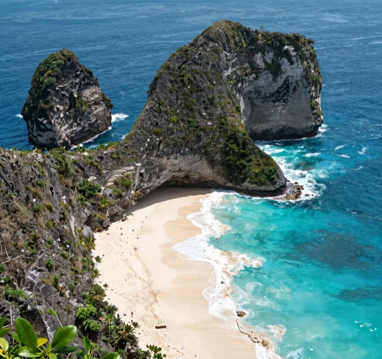Beautiful landscape shot of Kelingking Beach, Nusa Penida, seen from a high viewpoint. The turquoise water and dramatic cliffs represent the stunning destinations served by Taxiboat.id. Vibrant colors and clear, modern photography style.