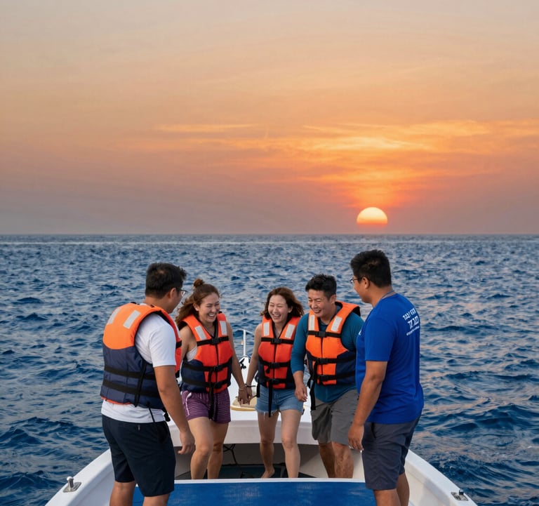 A group of happy tourists in life jackets being assisted by professional TAXIBOAT.ID staff while boarding a boat. The background features the beautiful Bali coastline with high contrast between the deep blue water #1B2D3B and the orange sunset sky #D36B31.