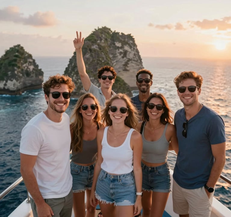 A group of happy travelers standing on the deck of a fast boat, wearing sunglasses and smiling. The background is the coastline of Nusa Penida. High energy, adventurous mood, with #D36B31 sunset highlights.