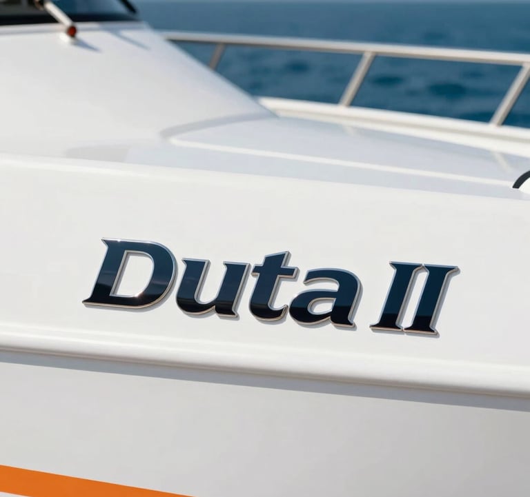 Close-up of the Maruti Duta II logo on the side of a sleek white hull. Professional maritime finish, modern typography, with the blue sea in the background and #D36B31 orange accents on the boat.