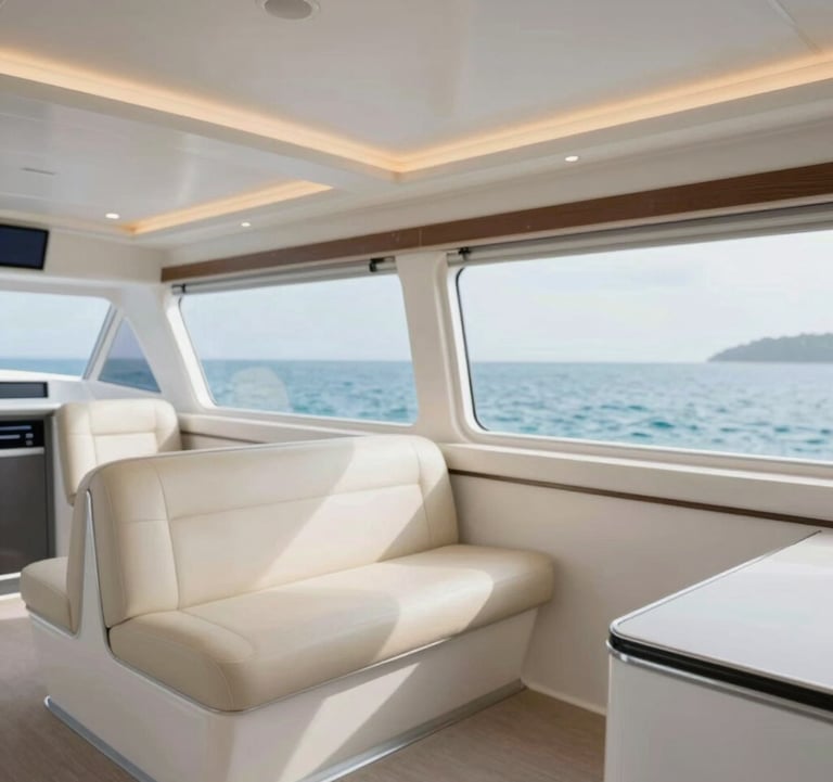 Interior shot of the Maruti Duta II fast boat showing premium, clean, and comfortable seating with large windows looking out at the Indonesian coastline. Modern lighting and a sense of professional reliability, using a palette of #FDF6ED and #78909C.