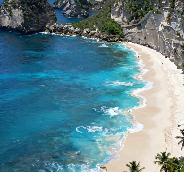The iconic Kelingking Beach in Nusa Penida viewed from above. Bright blue water, white sand, and lush green cliffs. Vibrant tropical colors, clean composition, using #1B2D3B for deep water and #FDF6ED for sand.