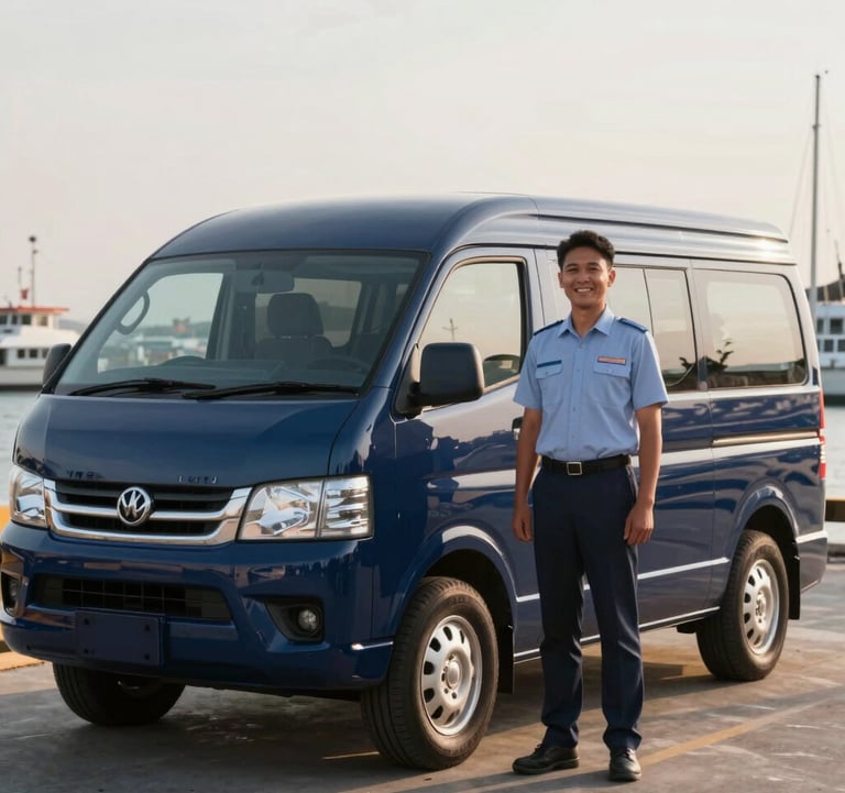 A professional image of a clean, modern transport van parked near a Bali harbor. A friendly driver in a neat uniform stands nearby. The composition is clean and focused on professional service. The lighting is warm afternoon sun, with the dark blue (#1B2D3B) of the vehicle and brand accents.
