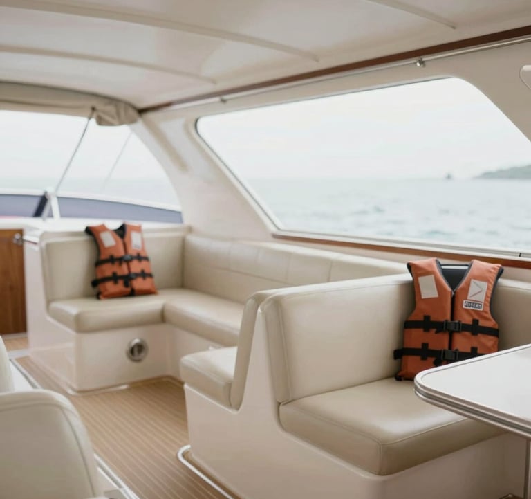 Interior of a modern fast boat, showing comfortable padded seating, safety equipment, and large windows. Bright, airy, and clean. Accents of #D36B31 in the life vests and #FDF6ED in the cabin panels.