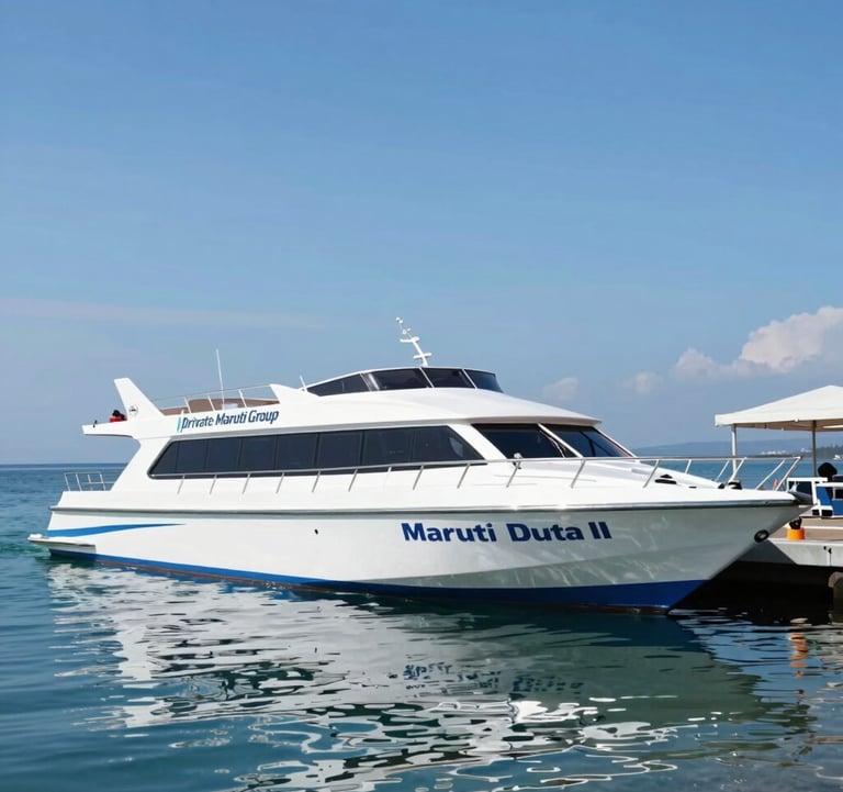 The private Maruti Group jetty at Nusa Penida, showing the Maruti Duta II fast boat docked. The scene is professional and organized, highlighting the exclusive access and safety of the service. Clear blue sky and calm water reflect the brand's reliability.