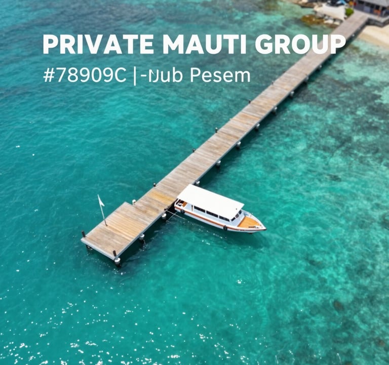 A top-down aerial view of the private Maruti Group jetty in Nusa Penida. The water is a brilliant turquoise, and the wooden jetty structure is clean and well-maintained. A fast boat is docked, and the scene conveys exclusivity and comfort using #78909C and #FDF6ED tones.