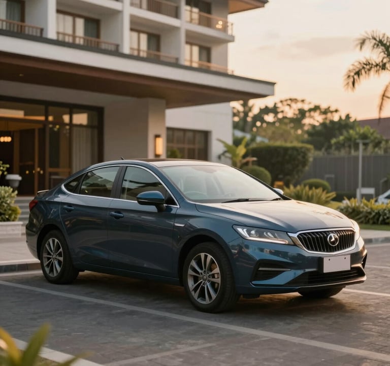 A professional private car for airport transfer parked in front of a modern Bali hotel. Clean, professional lighting, emphasizing reliability and comfort. Colors include #1B2D3B for the car and warm #FDF6ED sunset light.