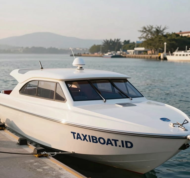 A close-up shot of the Maruti Duta II fast boat docked at Sanur Harbor. The focus is on the sleek design and the TAXIBOAT.ID branding. The lighting is warm morning sun, highlighting the professional and reliable appearance of the vessel.