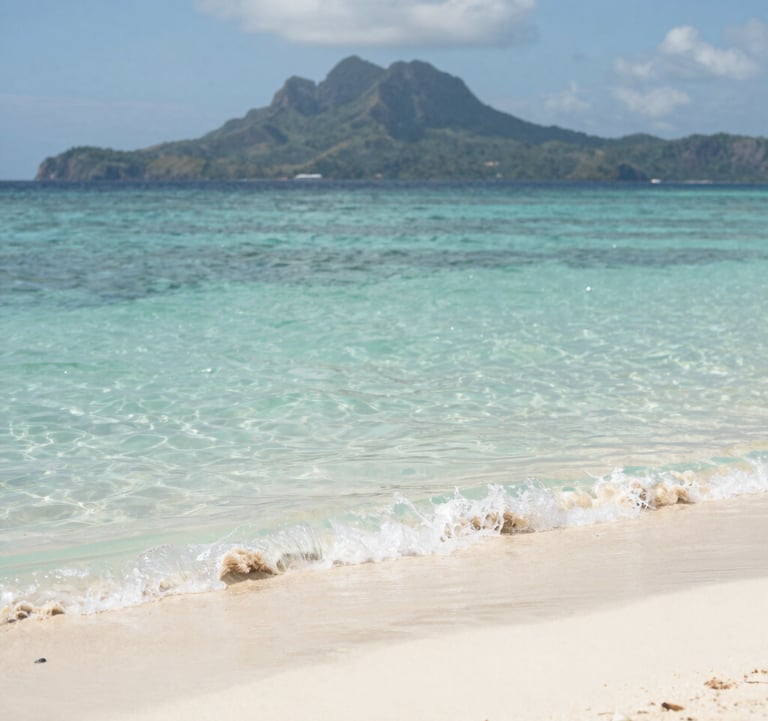 A scenic view of Gili Terawangan beach with crystal clear water and a distant view of Lombok's mountains. Tropical vibes, clean and bright lighting, incorporating #78909C tones in the water and #FDF6ED in the sand.