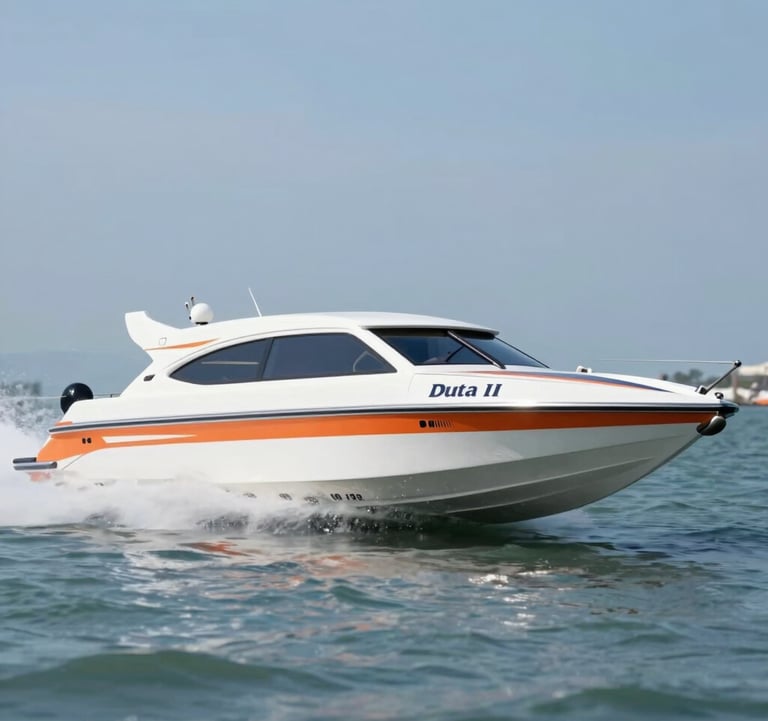 Dynamic low-angle shot of the Maruti Duta II fast boat cutting through waves near Sanur harbor. The boat is pristine white with professional orange and navy livery (#D36B31, #1B2D3B). The image feels fast, reliable, and modern.