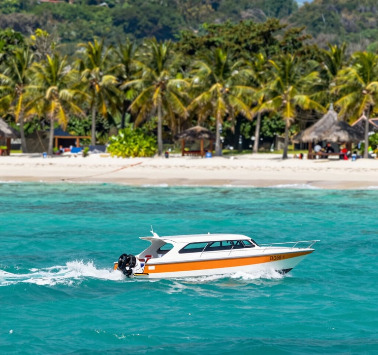 A scenic view of a fast boat approaching the Gili Trawangan coastline. The water is a vivid turquoise (#78909C), and the beach is lined with palm trees. The lighting is bright and tropical, conveying a sense of adventure and ease. Brand colors like orange (#D36B31) are subtly present in boat details.