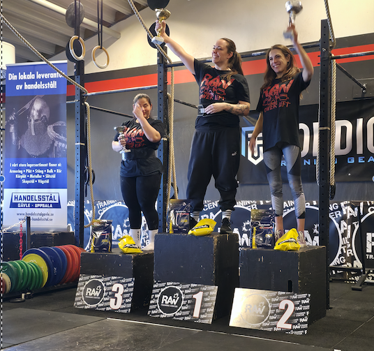 Three women standing on a podium, lifting trophies.