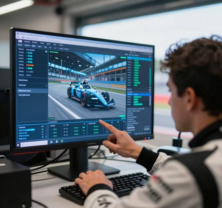 A motorsports professional in a North American / US track facility reviewing telemetry data on a high-definition monitor. The screen glow casts electric sky blue light on the technical workspace, reflecting a modern, data-driven racing environment.