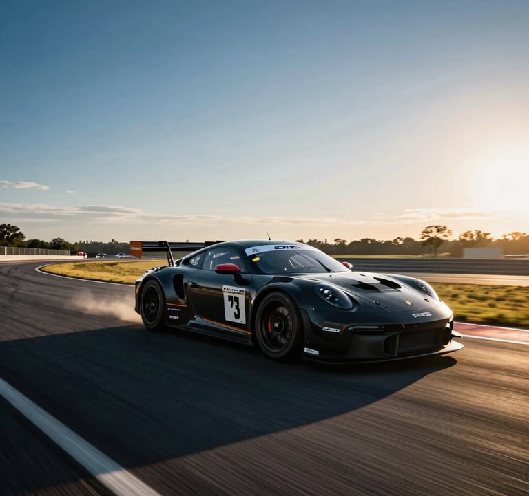 An action shot of a race car cornering at Road Atlanta in the North American / US, dramatic sunset lighting with long deep obsidian shadows and sky velocity blue sky.