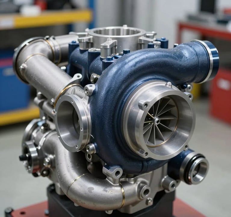 A detailed close-up of a high-performance K24 turbocharger setup inside a clean North American / US garage. The lighting is technical and precise, highlighting metallic graphite blue textures and clean tech silver piping. Professional engineering aesthetic.