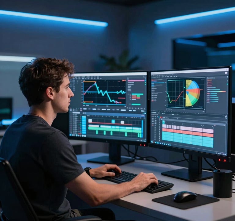 A North American / US professional in a technical media studio, with multiple glowing screens displaying telemetry graphs and a YouTube editing timeline. The room has a modern, dark aesthetic with Precision Azure Blue accent lighting.