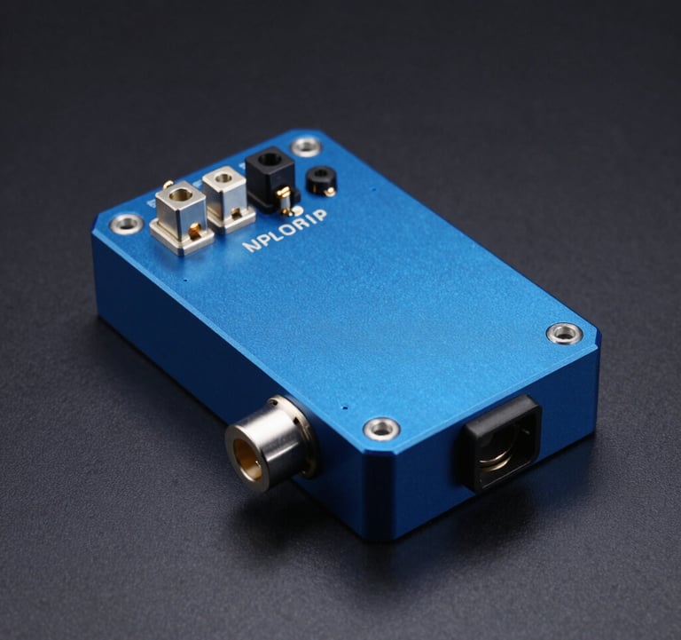 A professional studio photograph of a technical telemetry hardware module, finished in Precision Azure Blue anodized aluminum with high-quality electrical connectors, isolated against a Deep Midnight Black background. Sharp, clean lighting emphasizes the engineering precision.
