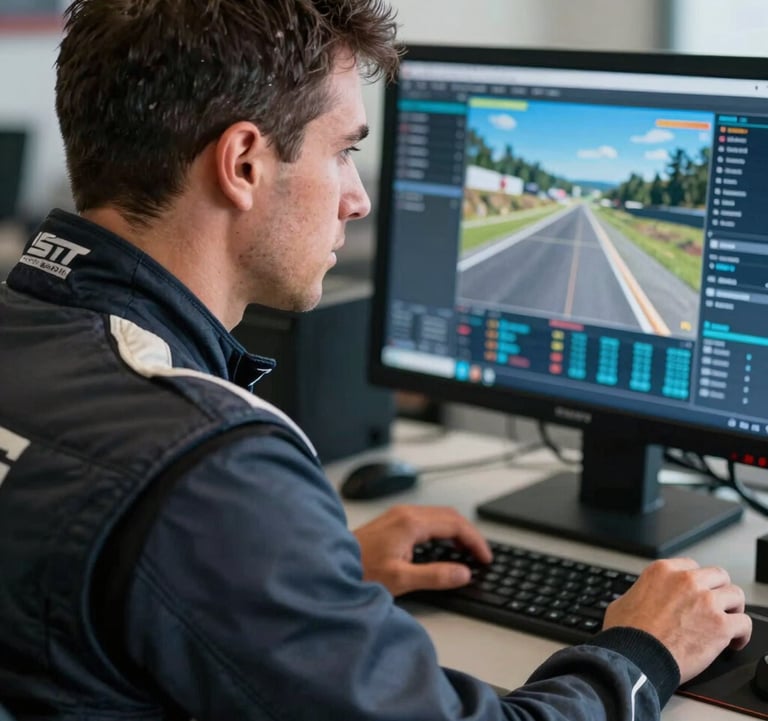 A close-up of a professional driver in the North American / US, wearing a dark midnight steel racing suit, focused intensely on a data monitor showing track maps in sky velocity blue.