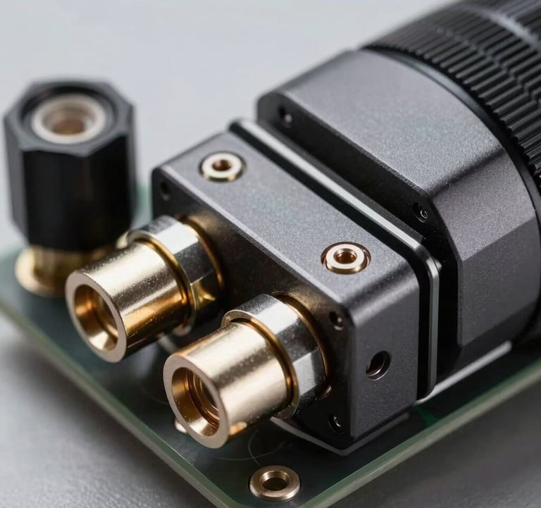 A technical macro shot of custom racing electronics and sensors, featuring alpine frost connectors and midnight steel casings, shot with a clean and premium aesthetic.