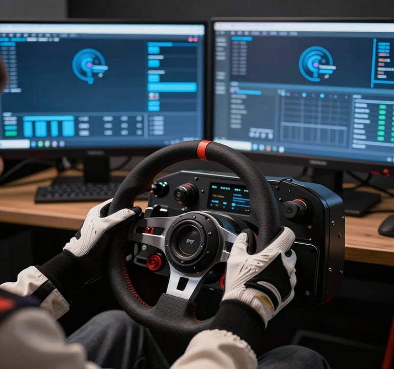 A photograph of a driver's hands in racing gloves on a technical sim-racing wheel, with multiple monitors in the background showing Precision Azure Blue telemetry overlays. Captured in a dark, professional North American / US home studio.