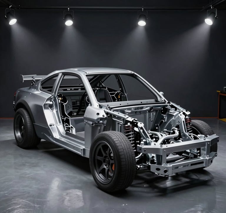A wide-angle, low-shot of a professional track-ready car chassis in a North American / US workshop. The background is dark obsidian with focused tech silver spotlights on the suspension components and engineering details.