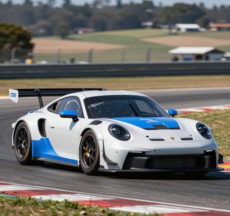 A high-action photograph of a race car cornering hard at Laguna Seca, with the North American / US landscape blurred in the background. The car has high-visibility Precision Azure Blue highlights on its Metallic Silver White body.
