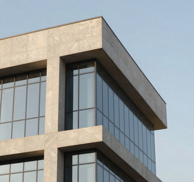 Close-up architectural photography of a modern building's corner featuring clean lines and a glass curtain wall. Middle Eastern / Egyptian context. Palette of light gray and gold highlights under a bright, clear sky. Sophisticated and high-tech feel.