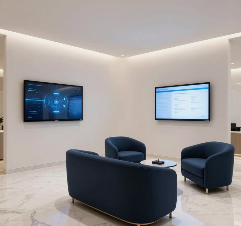 An interior shot of a minimalist, luxury medical reception area in Egypt. High-tech smart screens on walls, off-white marble floors, and dark blue designer furniture. The lighting is soft and professional, reflecting a sophisticated medical environment.