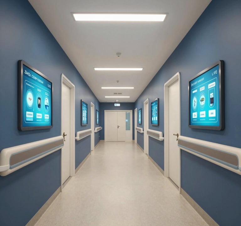 An 8K 3D render of the corridor in a smart hospital, featuring interactive displays and modern lighting in dark blue and off-white tones.