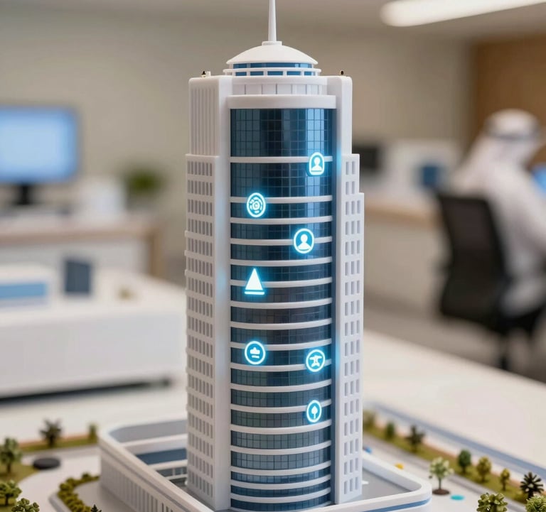 A close-up of a modern architectural model of a medical tower, focusing on smart technology integration symbols. The lighting is clean and bright, emphasizing professional Middle Eastern design aesthetics.