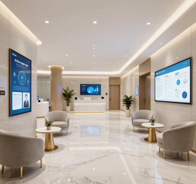 Wide-angle luxury interior of a smart medical clinic lobby featuring sleek marble floors, digital information screens, and elegant minimalistic furniture in gold and light grey. Professional atmosphere.