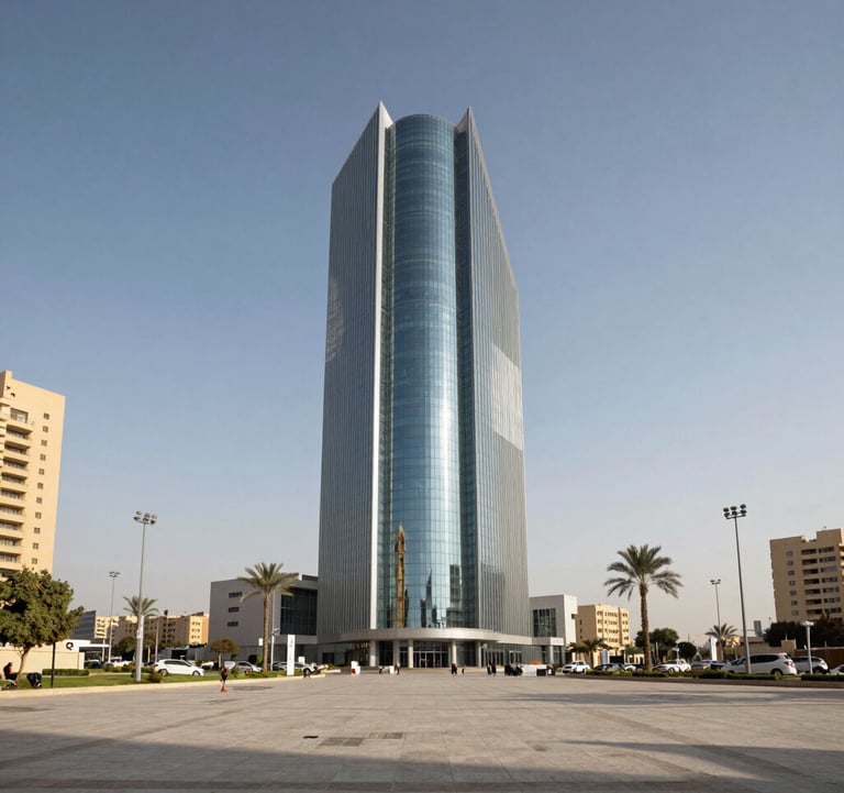 Wide-angle architectural shot of a modern city square in Egypt featuring a smart medical tower. The building stands out with its innovative glass design, surrounded by a clean and professional environment in daylight.