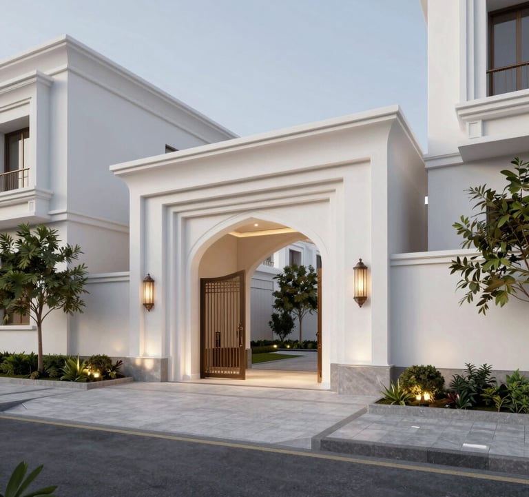 A high-end 3D architectural visualization of a residential complex entrance in Minya, Egypt. The design features royal white walls, light grey pavement, and professional landscaping with soft night lighting.