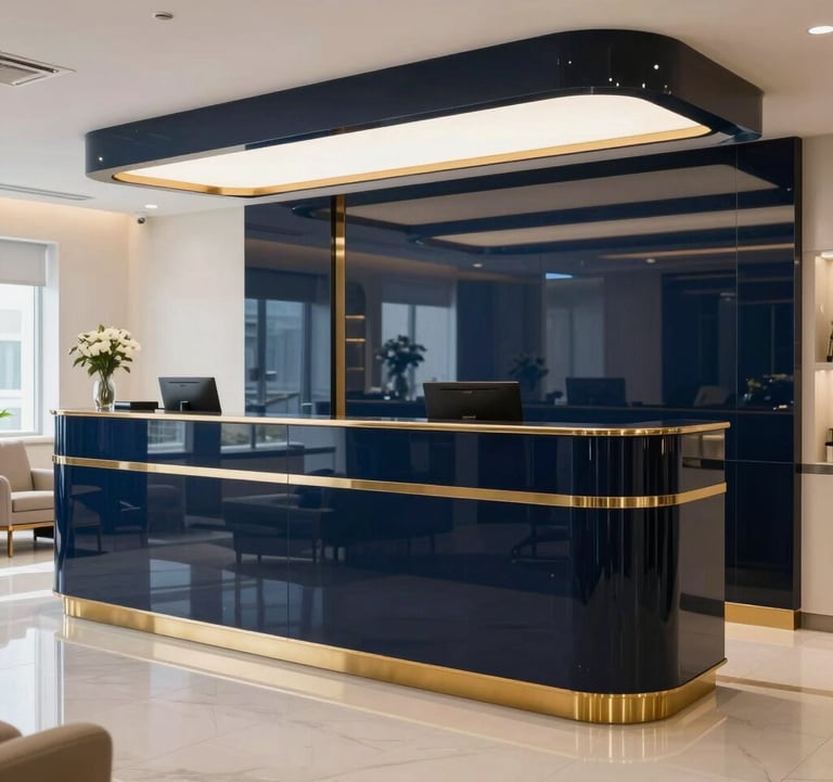 A photography-style capture of a sleek, dark blue and gold reception area in a premium medical facility in Egypt, reflecting high-end luxury and cleanliness.