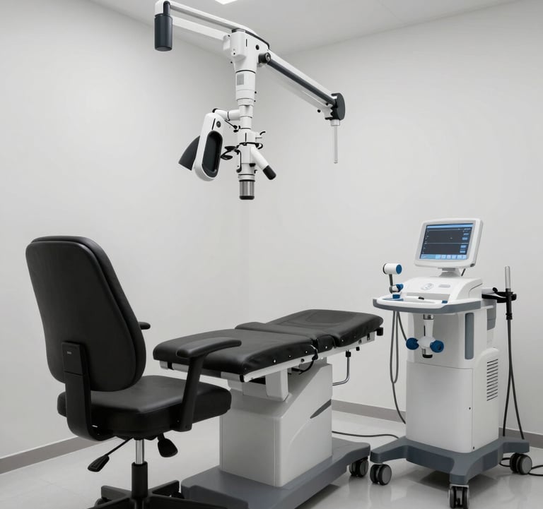 Luxury medical consulting room with ergonomic furniture, minimalist white walls, and advanced medical equipment, Middle Eastern professional setting.