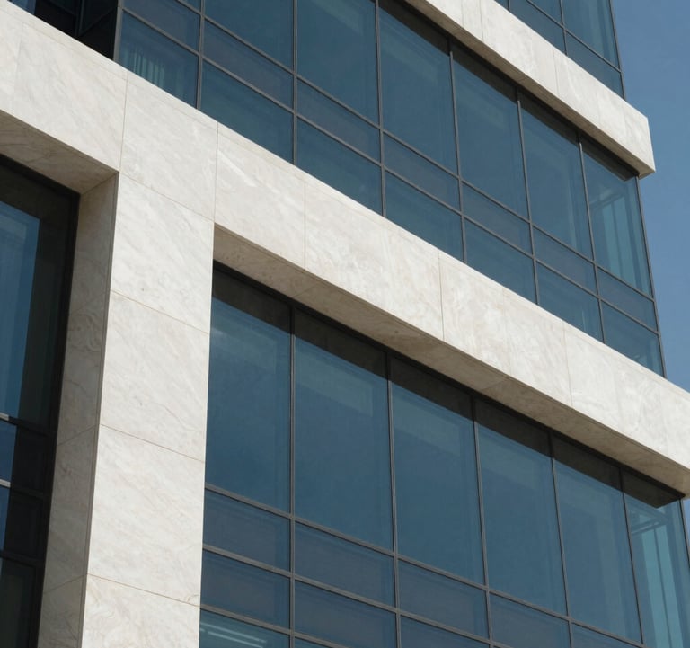 A close-up shot of architectural details of a luxury building facade. The materials include polished white stone and dark blue tinted glass. The style is ultra-modern and minimalistic under clear daylight in a Middle Eastern setting.