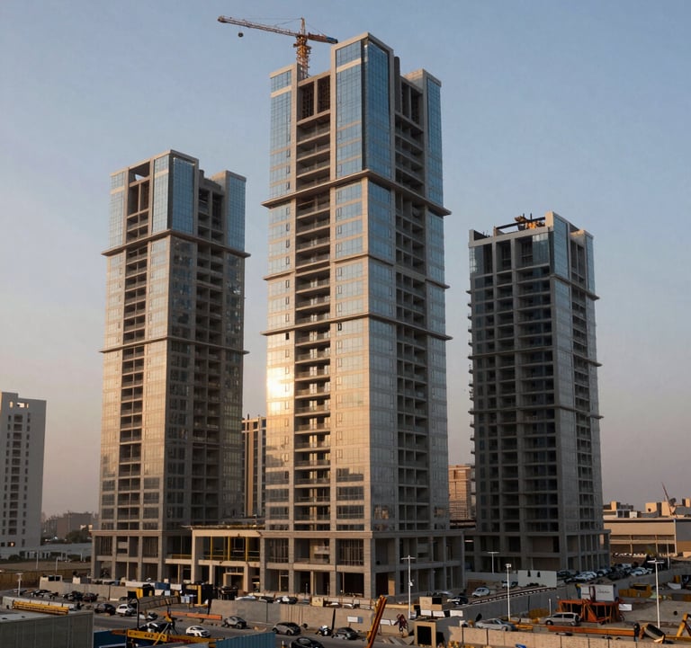 Cinematic photography of a modern high-rise development site in Egypt during twilight, with a focus on high-quality construction materials.