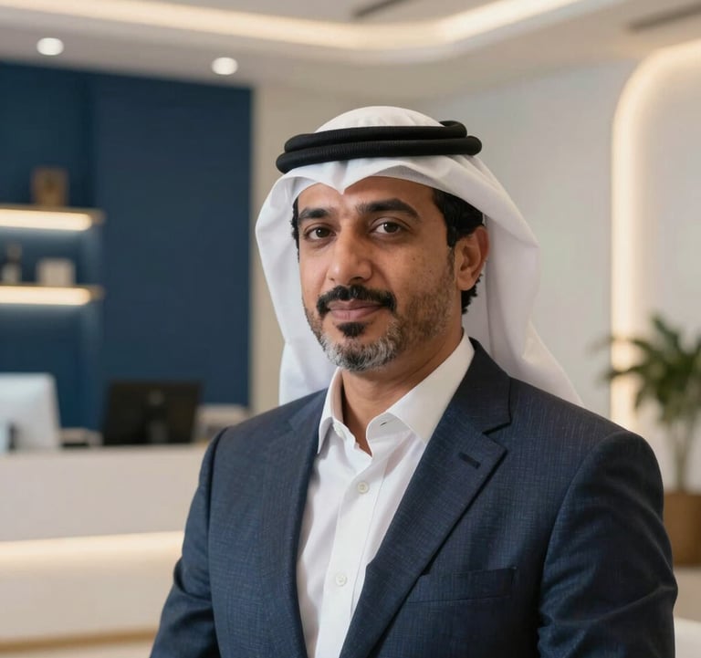 A close-up photograph of a professional Middle Eastern consultant in a high-end, modern real estate office in Egypt. The environment is minimalistic with white and dark blue tones and soft golden lighting.
