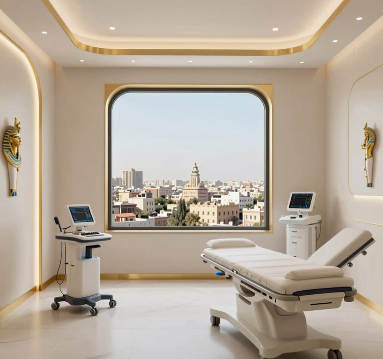 A high-end 3D visual of a private medical suite interior, showing minimalist Egyptian design with gold accents and a view over the city of Minia.