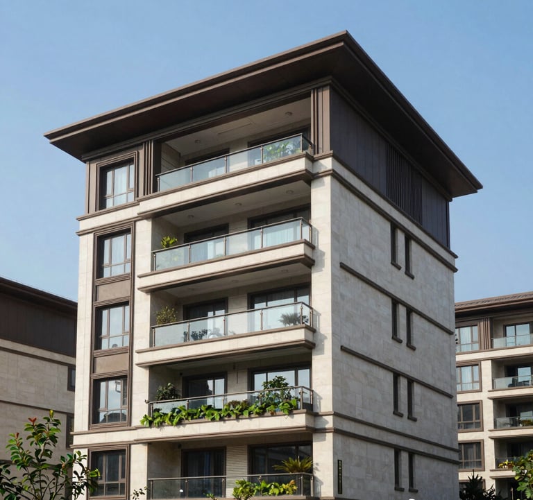 Exterior photography of a recently completed modern South Asian residential complex. The building features elegant balconies, sustainable green spaces, and high-quality stone cladding under a clear blue sky, emphasizing premium property presentation.