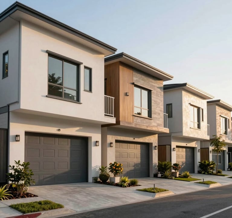 Exterior shot of a row of premium modern townhouses with clean architectural lines and integrated garage spaces. Afternoon sun, South Asian residential neighborhood.