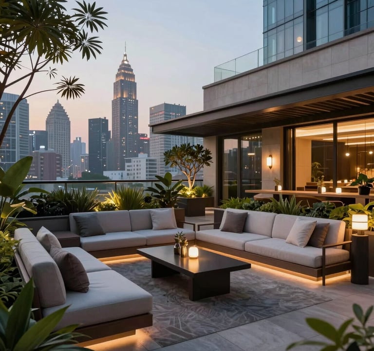 A beautifully designed rooftop garden and lounge area with soft ambient lighting, overlooking a metropolitan skyline. Sophisticated atmosphere for South Asian luxury living.