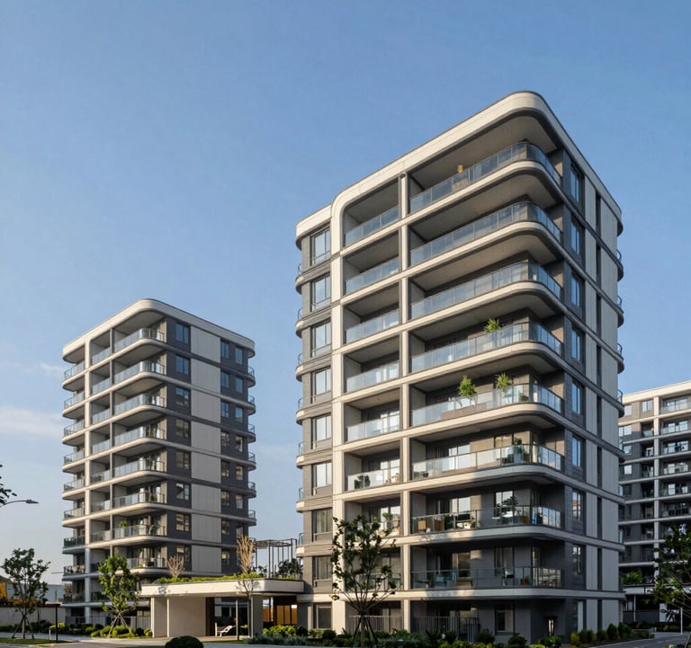 A wide photography shot of a newly completed modern apartment complex under a clear blue sky, showing architectural details like expansive balconies and integrated green spaces.