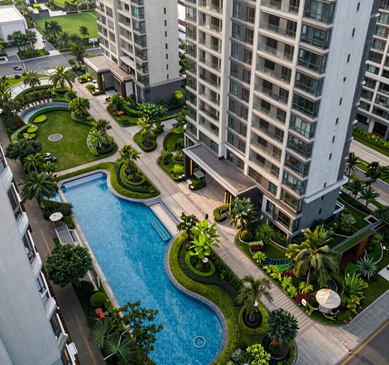 A high-angle architectural photograph of a premium residential complex featuring beautifully landscaped green gardens, swimming pools, and modern walking paths in a South Asian urban setting.