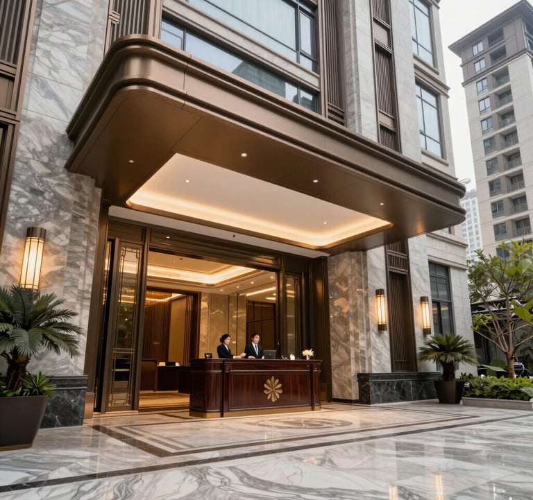 A grand entrance lobby of a premium residential tower, featuring marble flooring, high ceilings, and a professional concierge desk. Elegant and welcoming atmosphere.