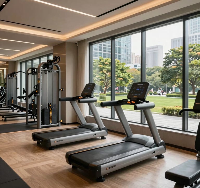 A high-end modern fitness center inside a luxury building, featuring state-of-the-art equipment and large windows overlooking a city park in a South Asian urban area. Bright, energetic lighting.