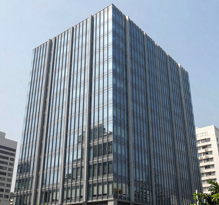 Modern glass-fronted commercial building in a bustling Indian business district. Sharp architectural lines, professional photography, bright daylight, and a clean grey and blue color palette reflecting modern development expertise.