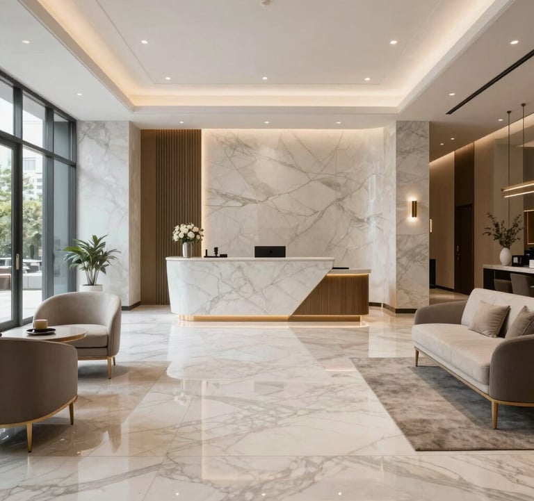 A clean, bright interior shot of a luxury residential lobby in a South Asian city, featuring polished marble floors, a minimalist concierge desk, and elegant contemporary furniture.